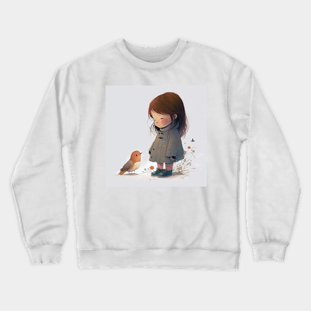 Little girl with a bird Crewneck Sweatshirt by oscargml